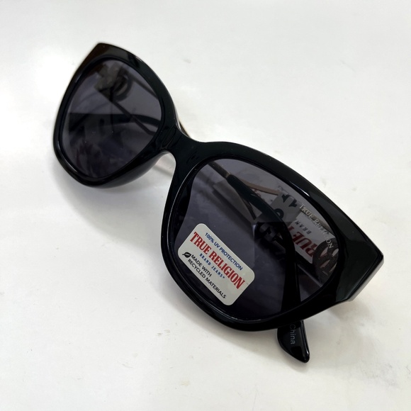 New Original TRUE RELIGION Cat Eye Sunglasses Black Acetate Gold Logo Classic
